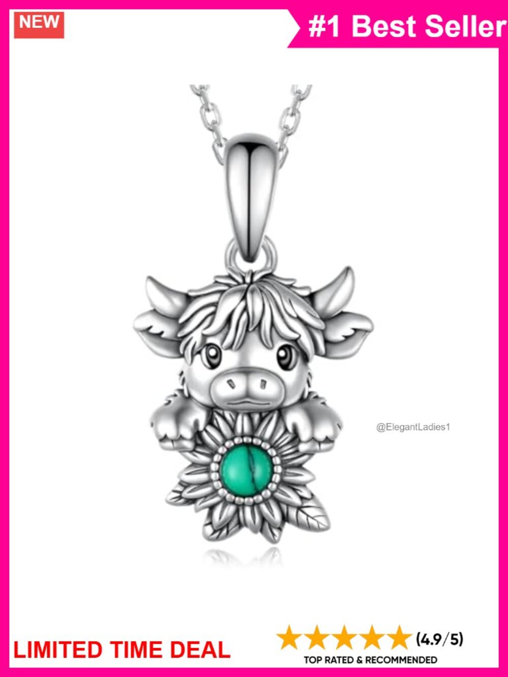 925 Sterling Silver Highland Cow Sunflower Turquoise Pendant Necklace